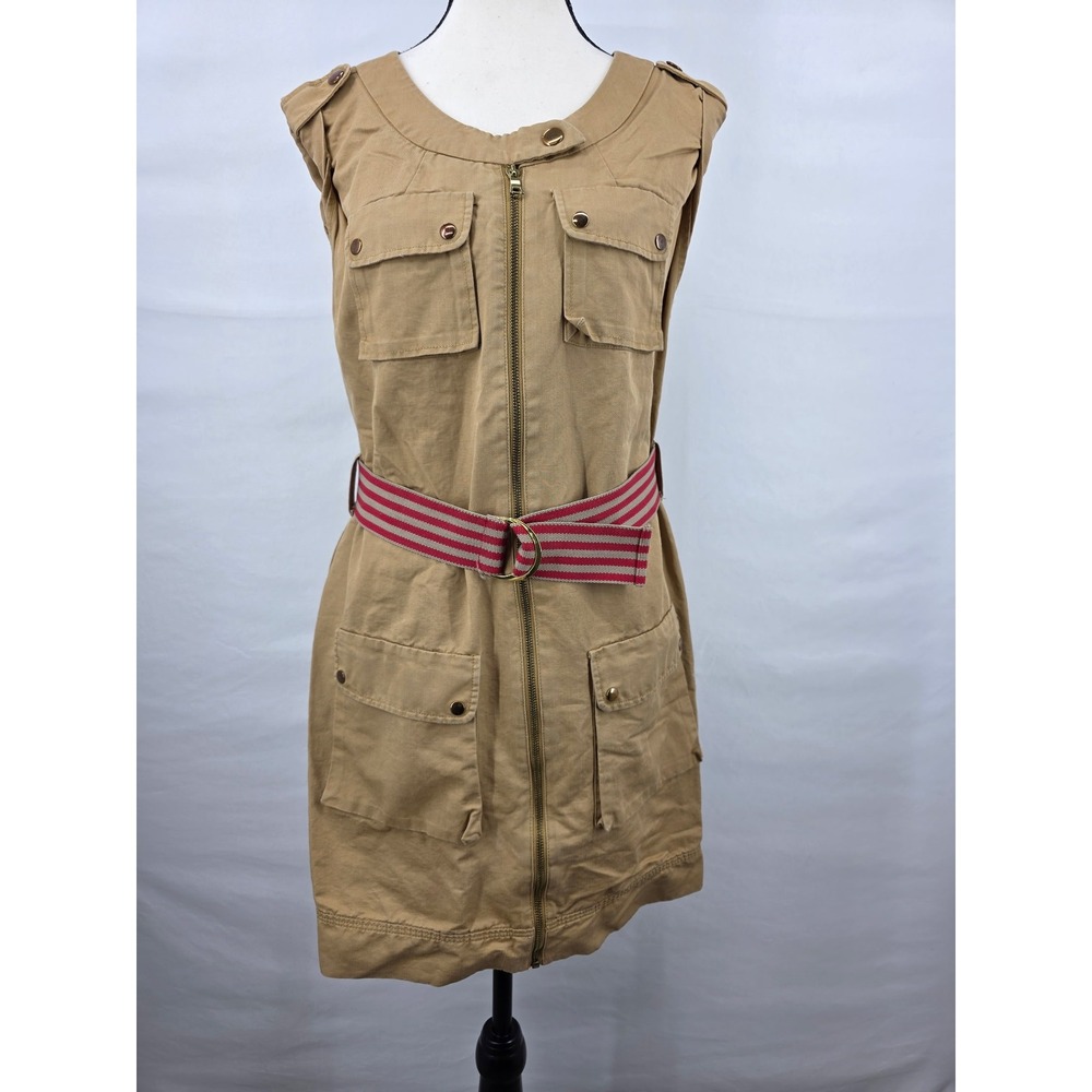 Cynthia Steffe Tan Khaki Utility Safari Zip Front Belted Cargo Dress Size 6